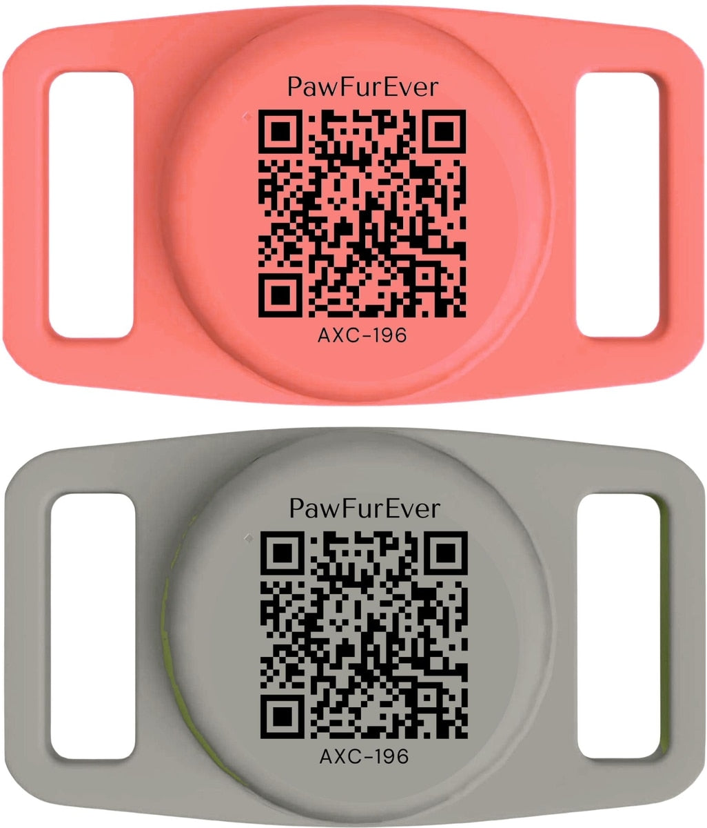 Black QR AirTag Collar Holder 2 pack, front view with QR code