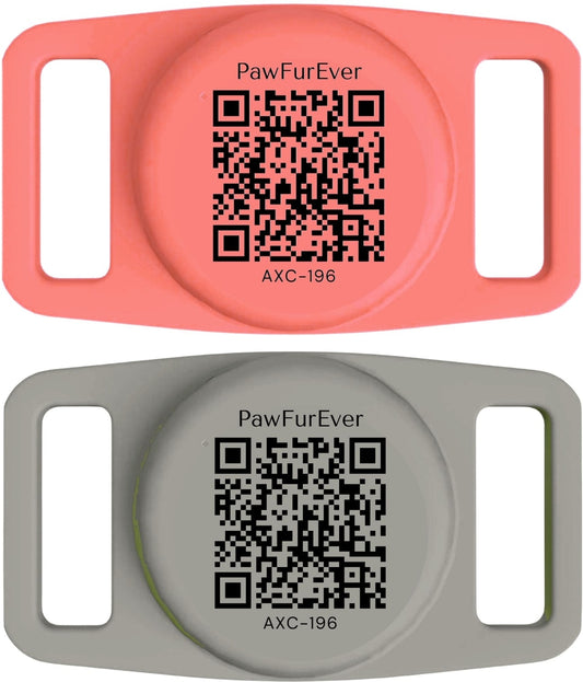 Black QR AirTag Collar Holder 2 pack, front view with QR code