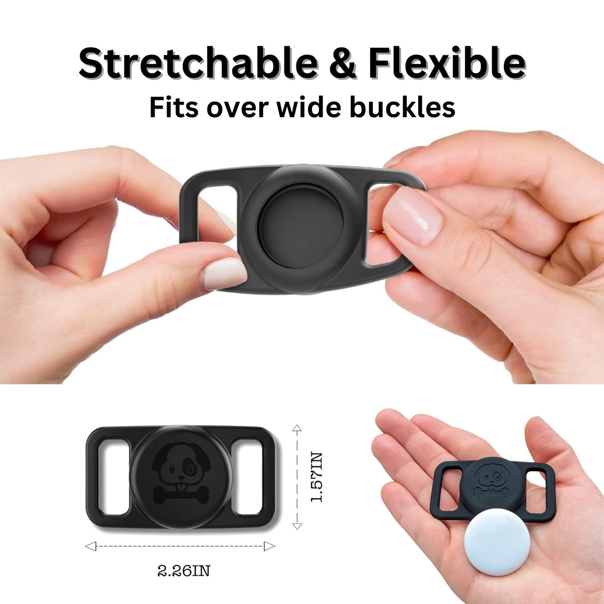 AirTag collar holder with waterproof cover, opened to show AirTag chamber