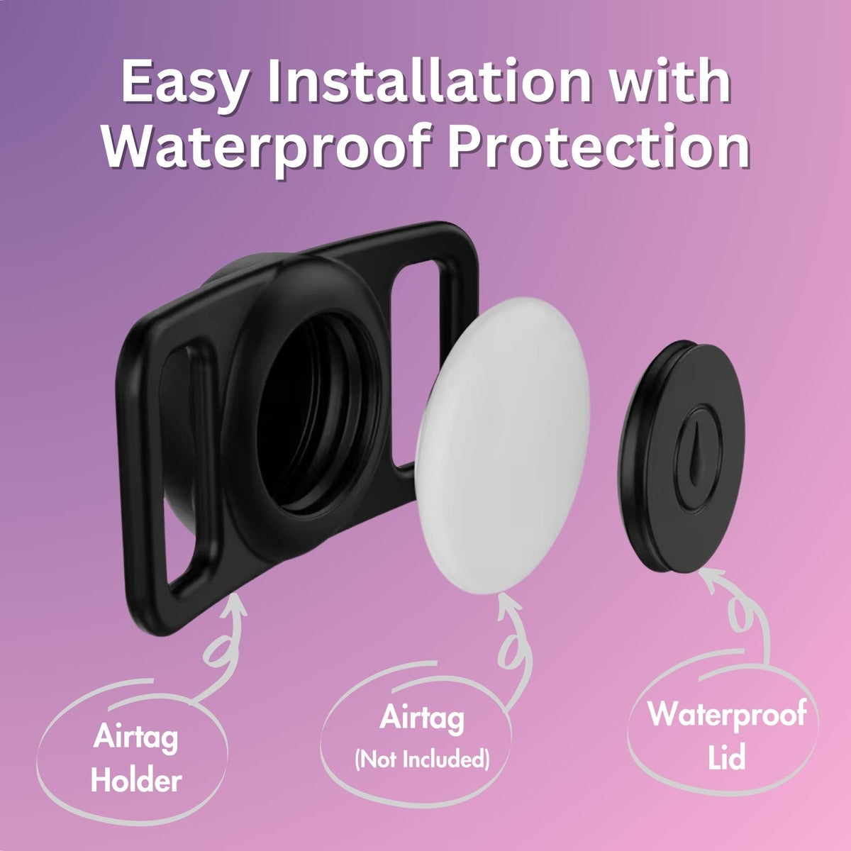 Silicone AirTag holder shown attached to a pet collar