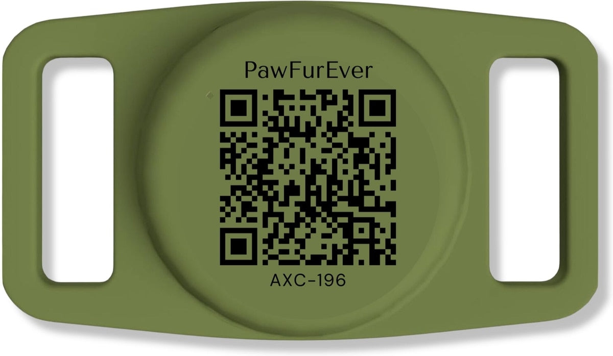 Green QR AirTag Collar Holder with scannable QR code, front view
