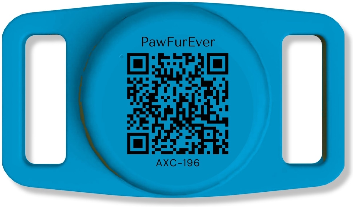 Blue QR AirTag Collar Holder with scannable QR code, front view