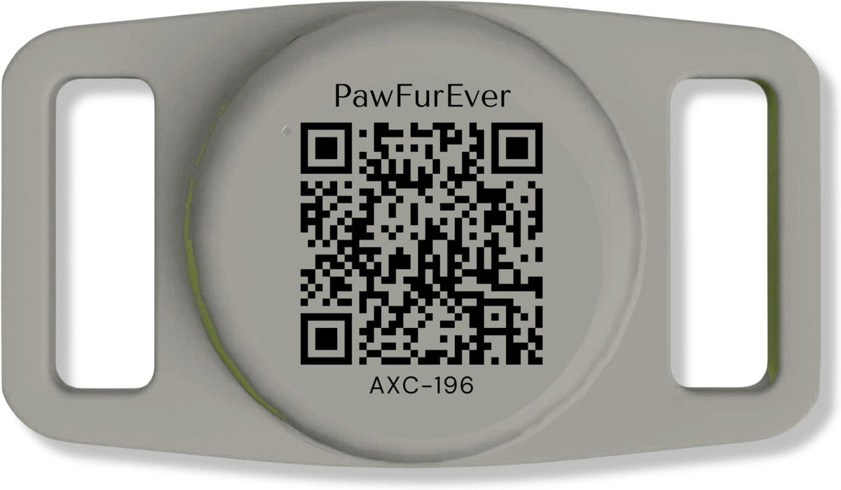 Black QR AirTag Collar Holder with scannable QR code, front view