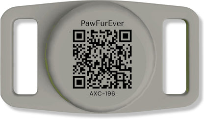 Black QR AirTag Collar Holder with scannable QR code, front view