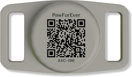 Black QR AirTag Collar Holder with scannable QR code, front view