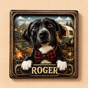 Camper at the Lake custom pet magnet with a dog in front of a camper