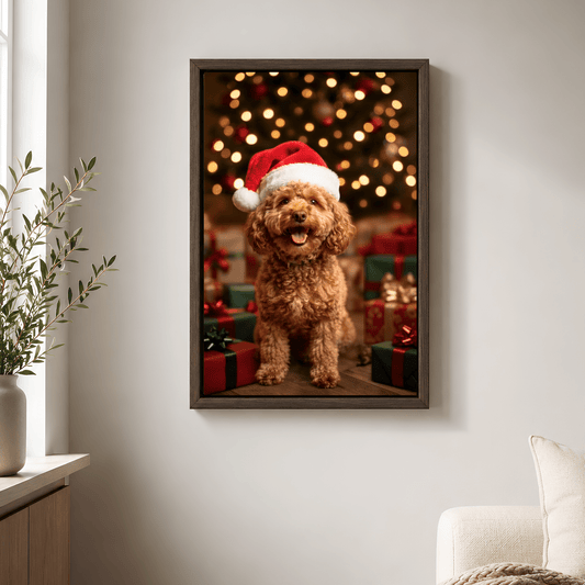 Pet Portrait - Custom Christmas Pet Portrait Canvas from Photo | Santa Hat Dog & Cat Holiday Art