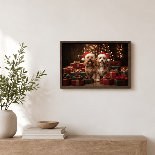 Pet Portrait - Custom Christmas Pet Portrait Canvas from Photo | Santa Hat Dog & Cat Holiday Art