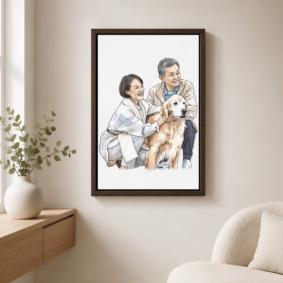 Pet Portrait - Custom Couple and Pet Portrait Canvas from Photo | Family Wall Art Gift
