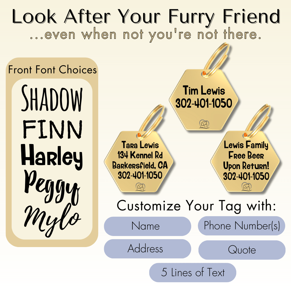 Engraved Tags - Personalized Engraved Gold Dog Tags for Pet Safety and Style (Hexagon, Gold)