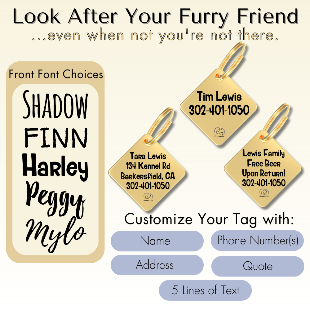 Engraved Tags - Personalized Engraved Golden Dog Tags for Pet Safety and Style (Diamond, Gold)