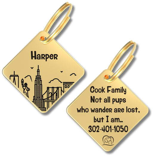 Engraved Tags - Personalized Engraved Golden Dog Tags for Pet Safety and Style (Diamond, Gold)