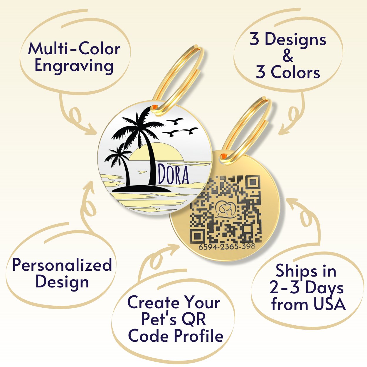 QR Tag - Personalized QR Code Dog Tag Ensure Your Pet's Safety Always (Gold, Beach)