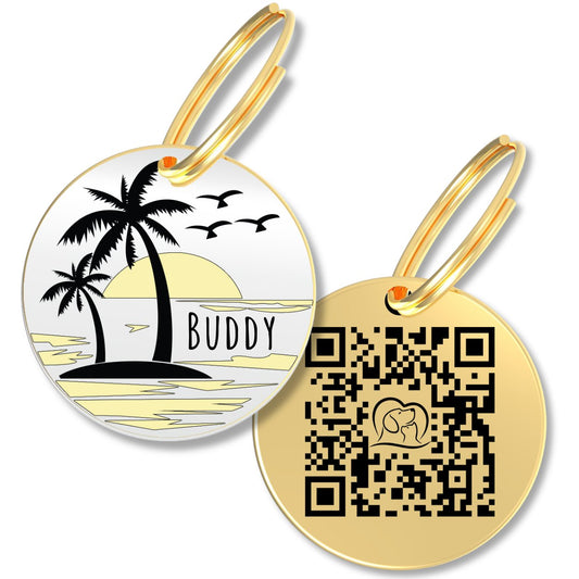 QR Tag - Personalized QR Code Dog Tag Ensure Your Pet's Safety Always (Gold, Beach)