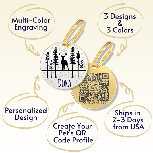QR Tag - Personalized QR Code Dog Tag Ensure Your Pet's Safety Always (Gold, Deer)