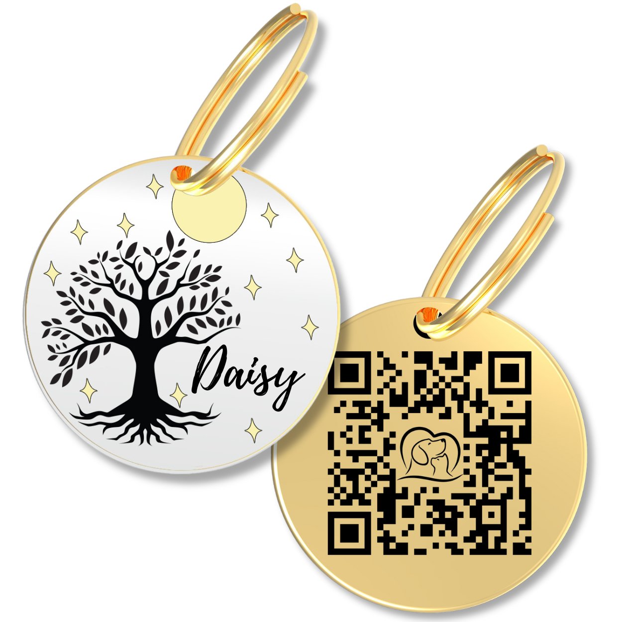 Gold circle QR code dog tag with a beach design and pet name on the front and a laser-etched QR code on the back