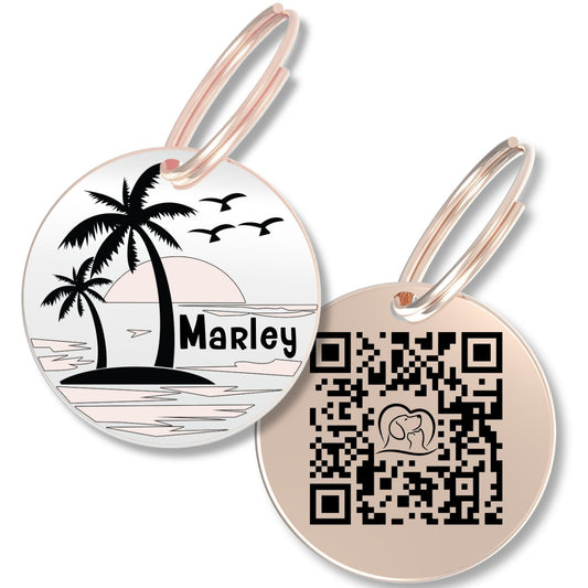QR Tag - Personalized QR Code Dog Tag Ensure Your Pet's Safety Always (Rose Gold, Beach)