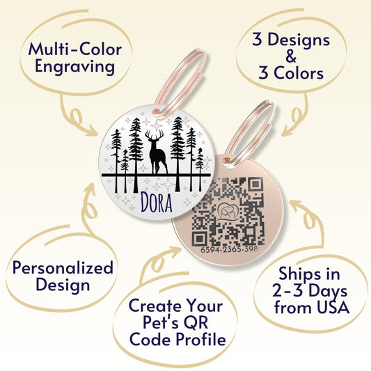 QR Tag - Personalized QR Code Dog Tag Ensure Your Pet's Safety Always (Rose Gold, Deer)