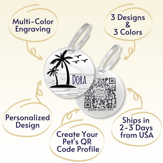 QR Tag - Personalized QR Code Dog Tag Ensure Your Pet's Safety Always (Silver, Beach)