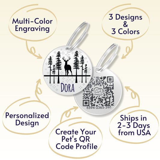 QR Tag - Personalized QR Code Dog Tag Ensure Your Pet's Safety Always (Silver, Deer)