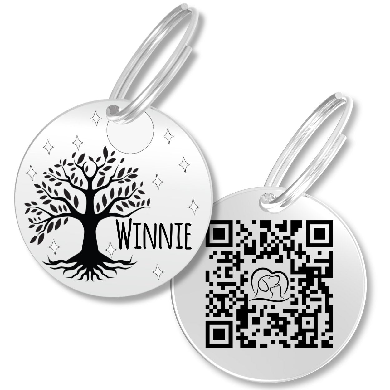 QR code dog tag with Beach design and laser-etched QR code on the back